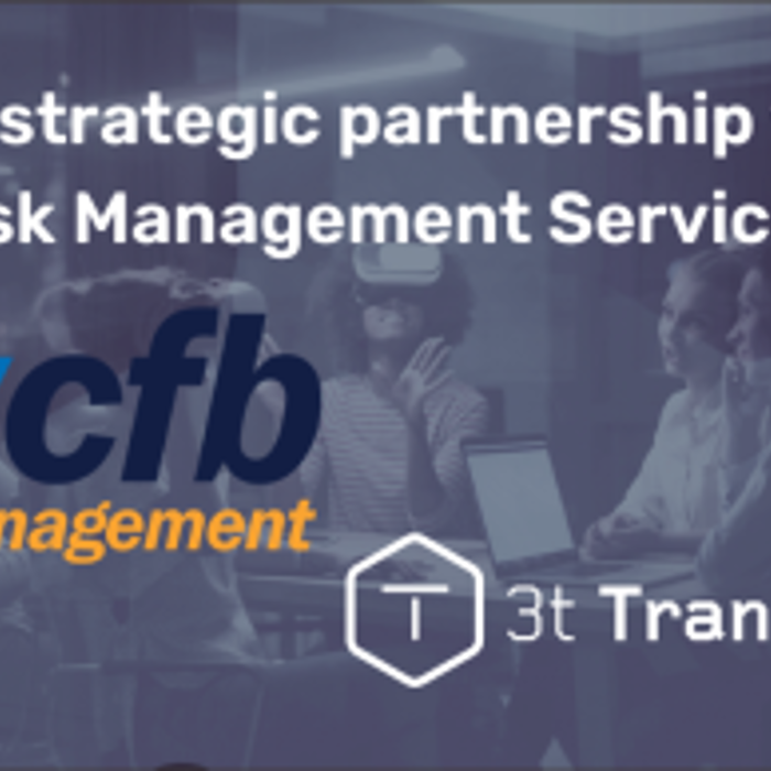 Announcement of a new strategic partnership between CFB Risk Management Services 'CIC' and 3t Transform, displayed with company logos and individuals collaborating in a professional setting.