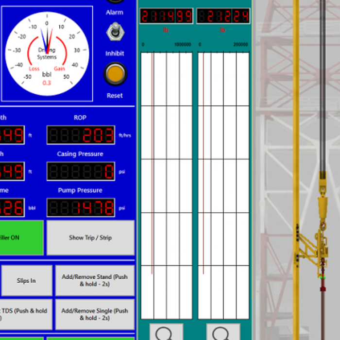 A digital control panel displaying various oil drilling metrics and a vertical graph. Indicators show measurements such as weight on bit (WOB), hole depth, rotary speed, pump pressure, and torque.
