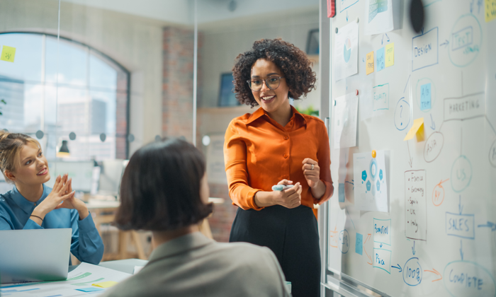 A person presenting ideas on a whiteboard in a meeting room, with two colleagues seated and listening attentively.