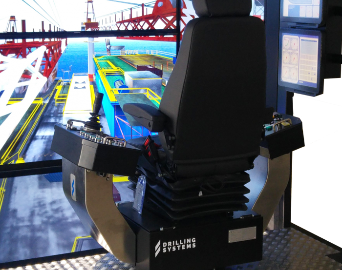 A high-tech offshore drilling simulator with a central operator's chair surrounded by control panels and a large screen displaying a detailed scene of an oil drilling operation.