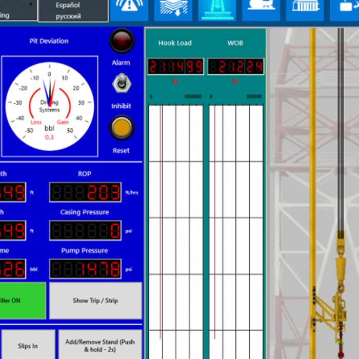 A control panel display showing drilling metrics such as weight on bit (WOB), hole depth, and rate of penetration (ROP), along with a schematic of a drilling rig and other operational indicators.