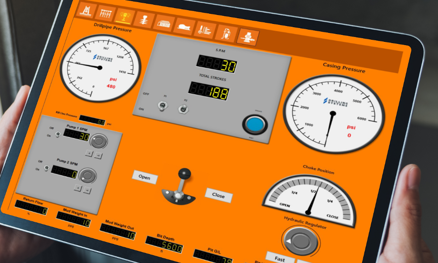 Close-up of a person holding a tablet displaying a control panel with various gauges, dials, and indicators for monitoring and adjusting dropline pressure, casting pressure, and choke position.