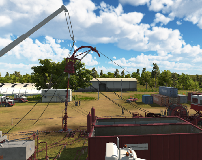 An industrial site with large machinery and cranes, various equipment, and trucks. Green trees and partly cloudy sky in the background. Several people are standing in the site area.