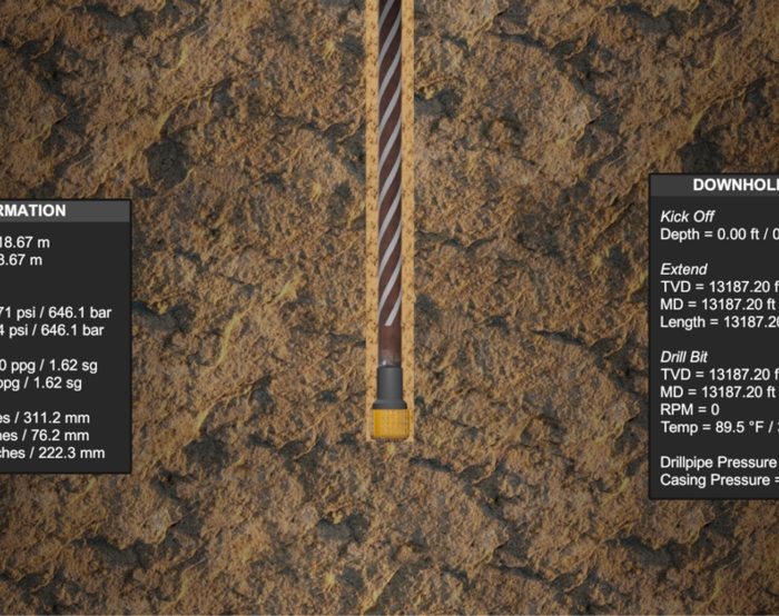Cross-sectional view of a soil layer shows local and downhole information about drilling, including true vertical depth, mud weight, annulus pressure, and tool details.