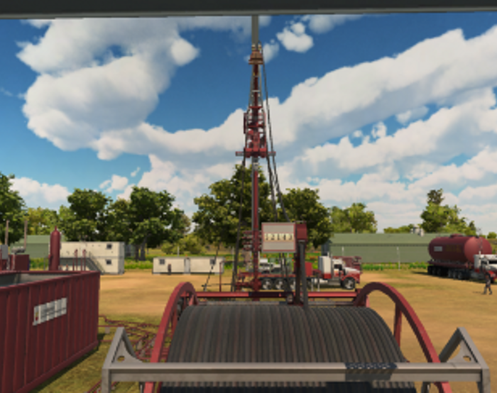 A drilling rig and associated equipment are set up on a grassy field under a partly cloudy sky, with trucks and storage units visible around the site.