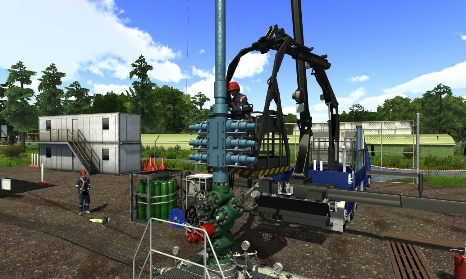Workers in a controlled outdoors space operate machinery that appears to be part of an oil drilling setup, with a person on an elevated platform, another on the ground, and various equipment around.