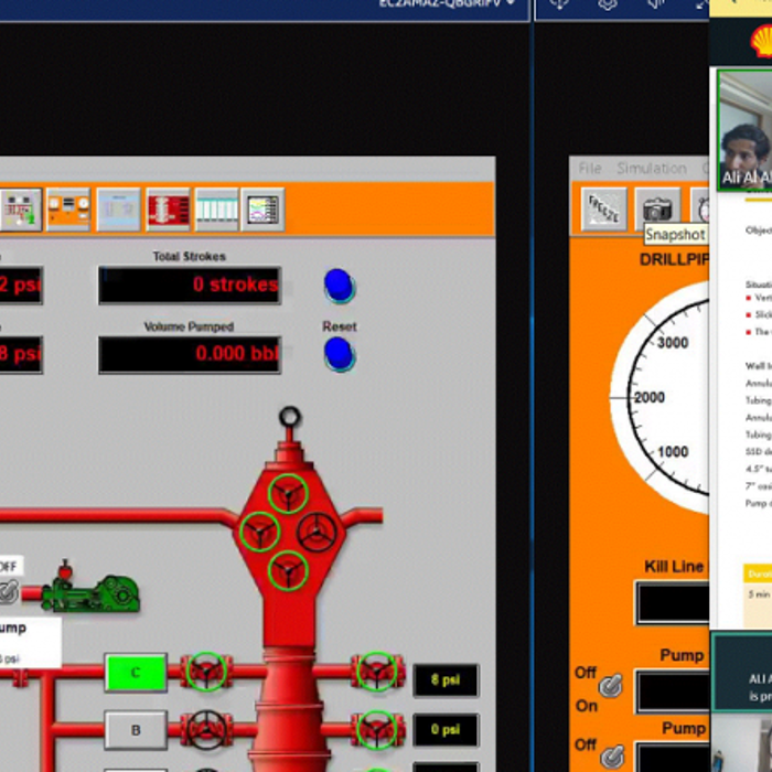 A screenshot shows a virtual meeting with participants on the right and detailed control panel graphics on the left, displaying various readings and metrics related to a technical operation.
